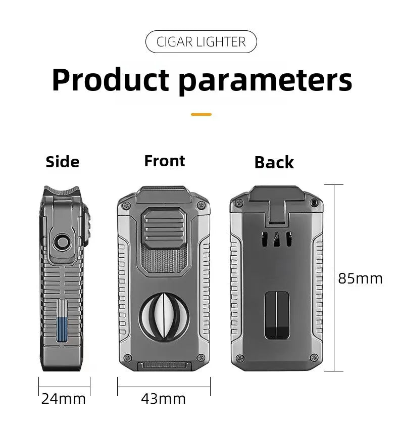 Dual-Flame Cigar Lighter in elegant gift box with built-in cutter and holder features - parameters