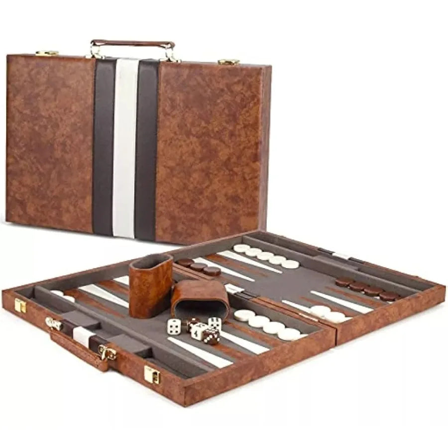Classic Backgammon Set with premium leather folding board, checkers, and dice - complete travel game - case open