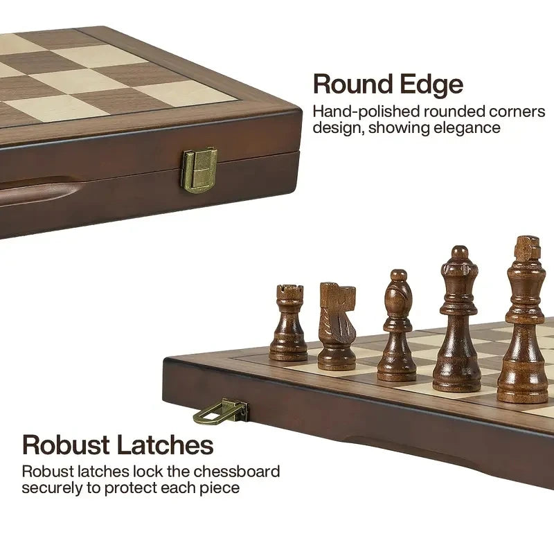Magnetic Wooden Chess Set showing folding design, magnetic pieces and portable carrying case - robust latches