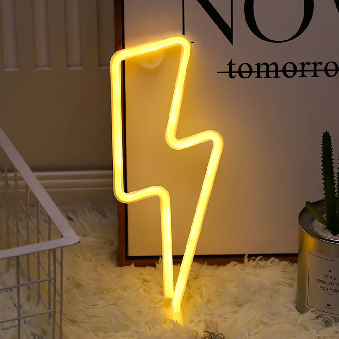 Lightning bolt LED neon sign in yellow featuring bold lightning design for bedroom or bar wall decor