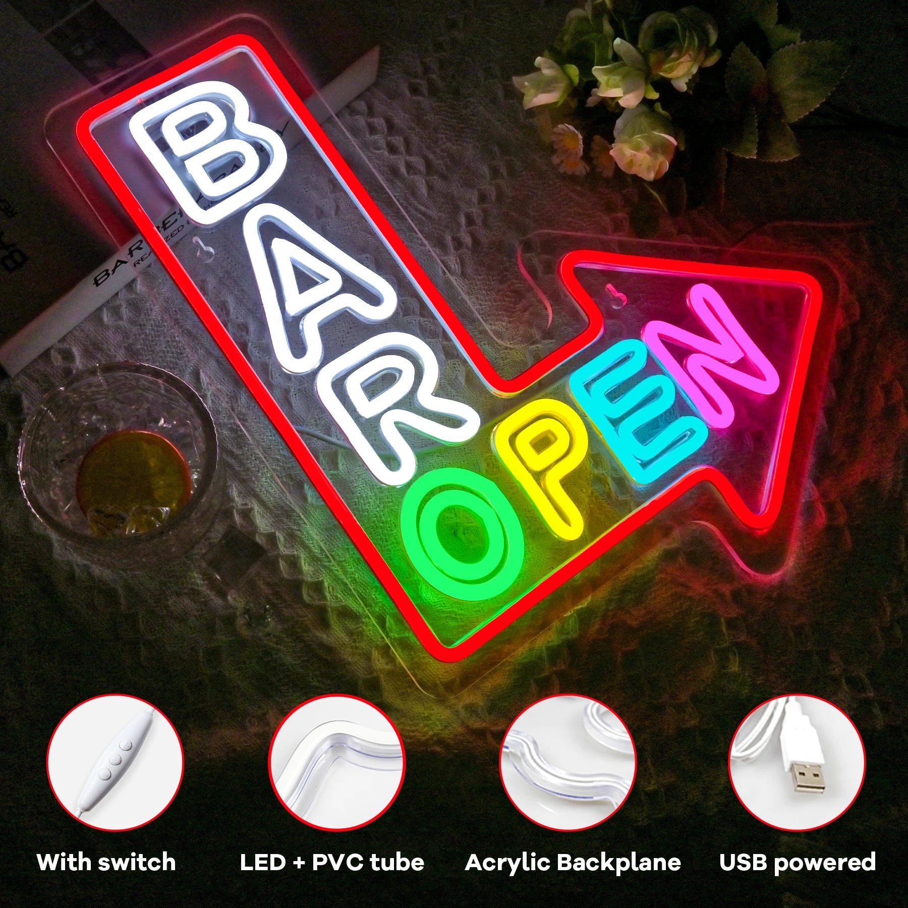 BAR OPEN LED neon wall light close-up showing colorful arrow and text design