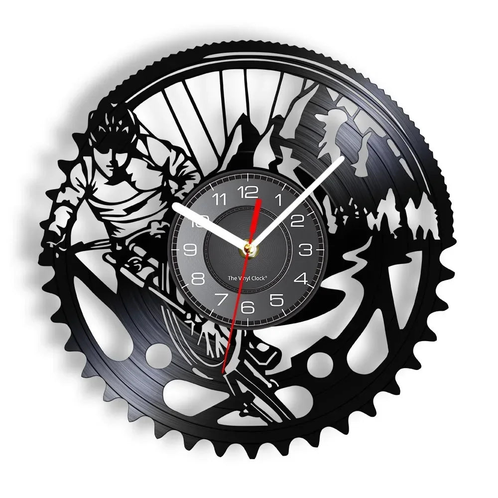 Mountain bike vinyl record wall clock featuring intricate laser-cut MTB design with detailed cyclist silhouette and bike components on black vinyl record