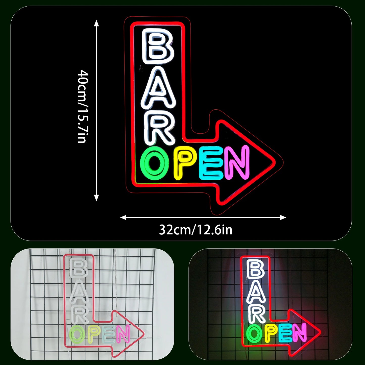 BAR OPEN neon sign product specifications showing multi-color LED design details