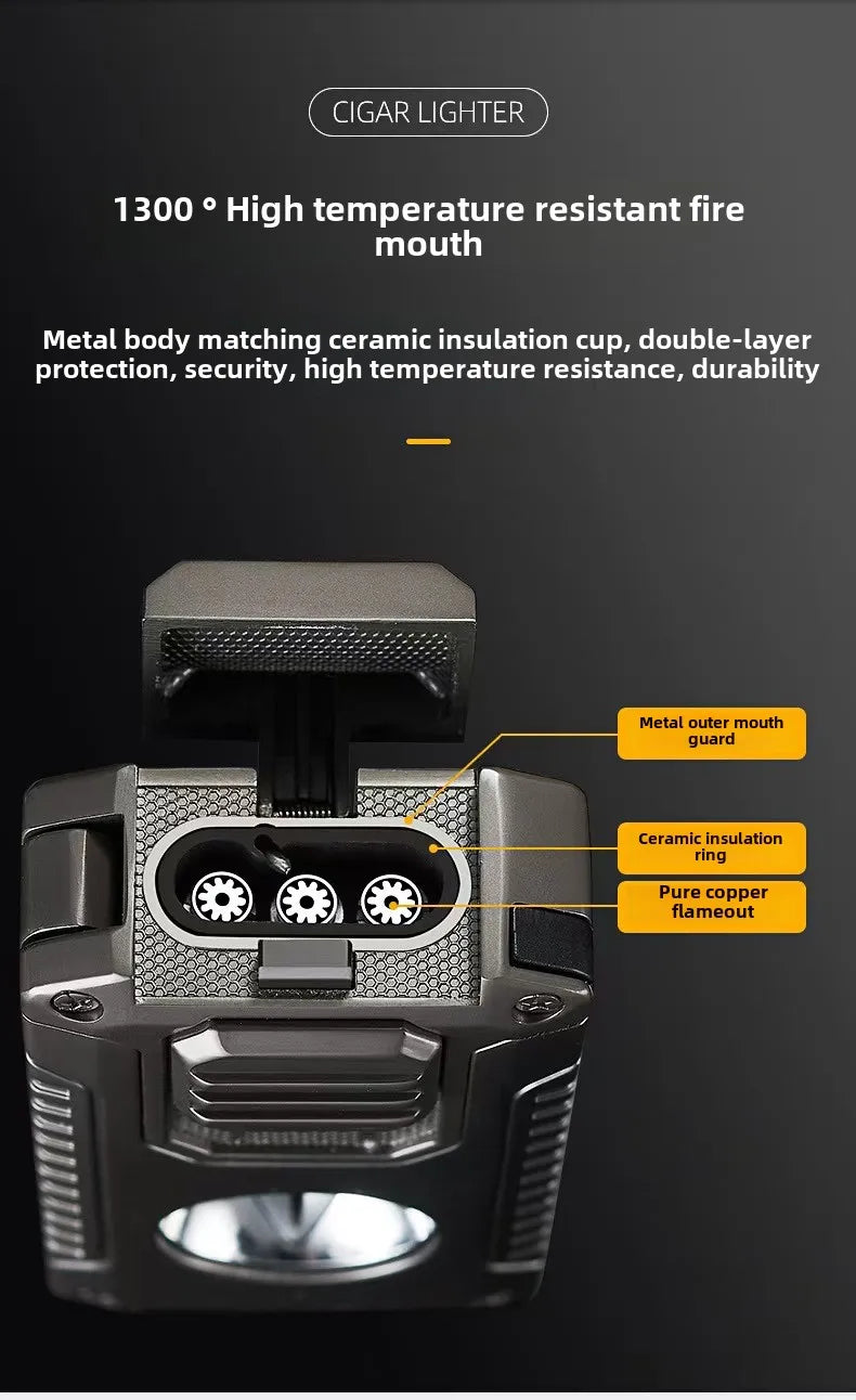 Deluxe Triple-Flame Cigar Lighter with Cutter & Holder