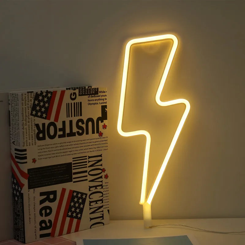 Lightning bolt neon sign in yellow showing table stand display option