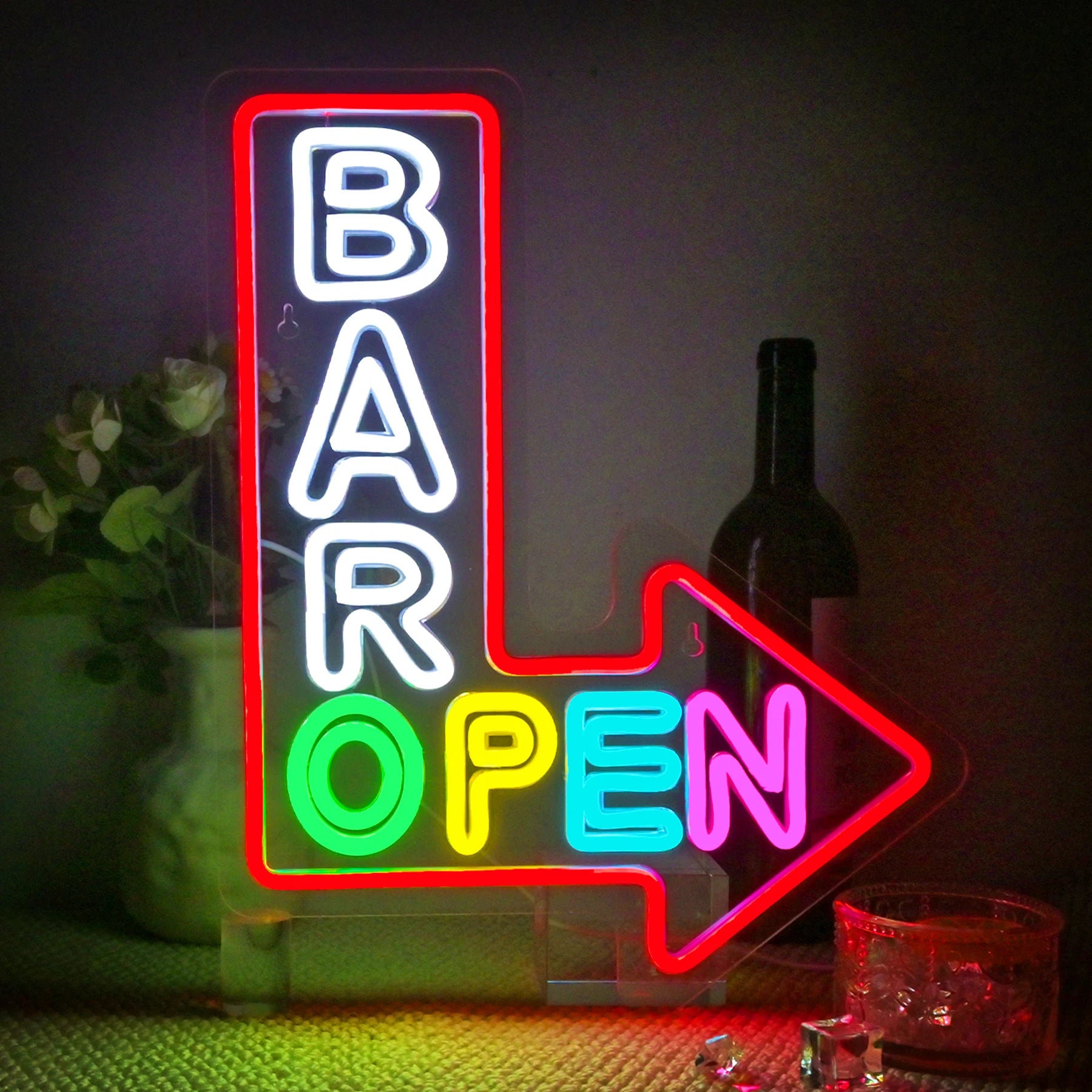 BAR OPEN LED neon sign in vibrant multi-color featuring red, yellow, green, and blue arrow design for bar or cafe wall decor