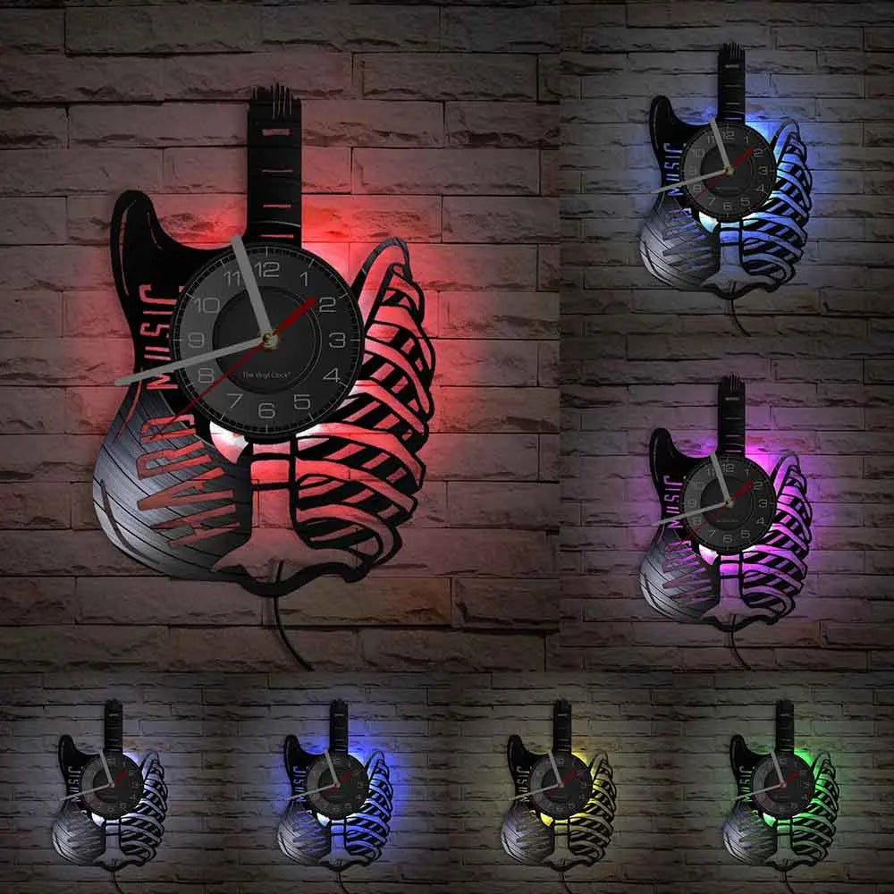 Guitar vinyl record wall clock with remote control display showing LED color options