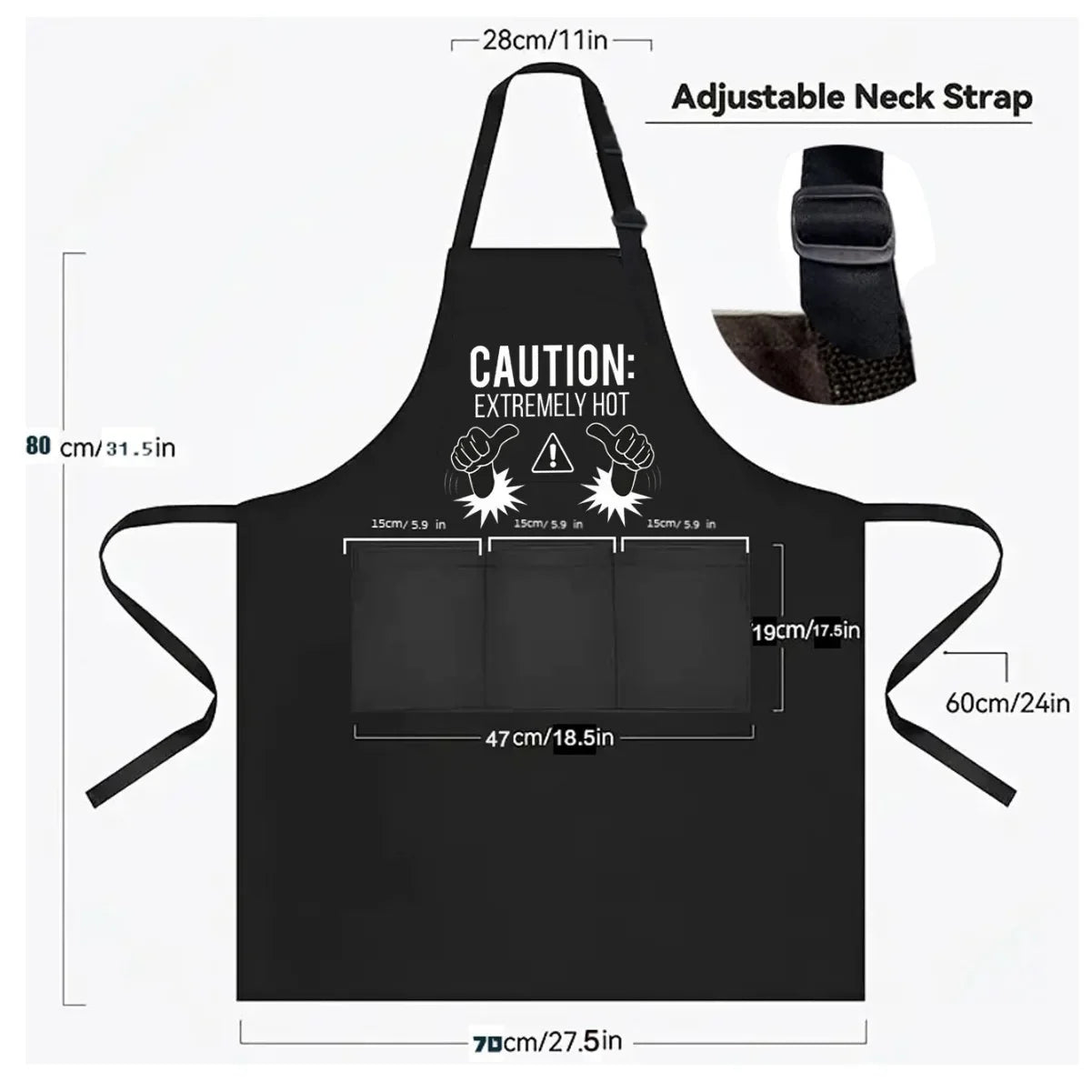 Hot Stuff Coming Through BBQ Apron showing waterproof fabric, pockets and humorous design - funny cooking apron - dimensions