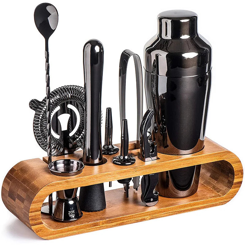 Luxury Cocktail Bar Set 10-Piece Mixology Kit with bamboo stand in gunmetal black finish - professional barware