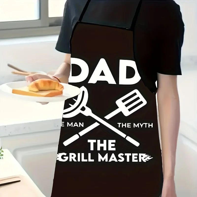 Dad The Grill Master BBQ Apron showing waterproof fabric, pockets and adjustable straps - funny grill apron