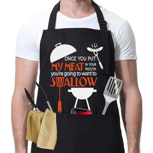 Meat You at the Grill BBQ Apron with funny chef and cleaver graphic - adjustable waterproof grill apron with pockets