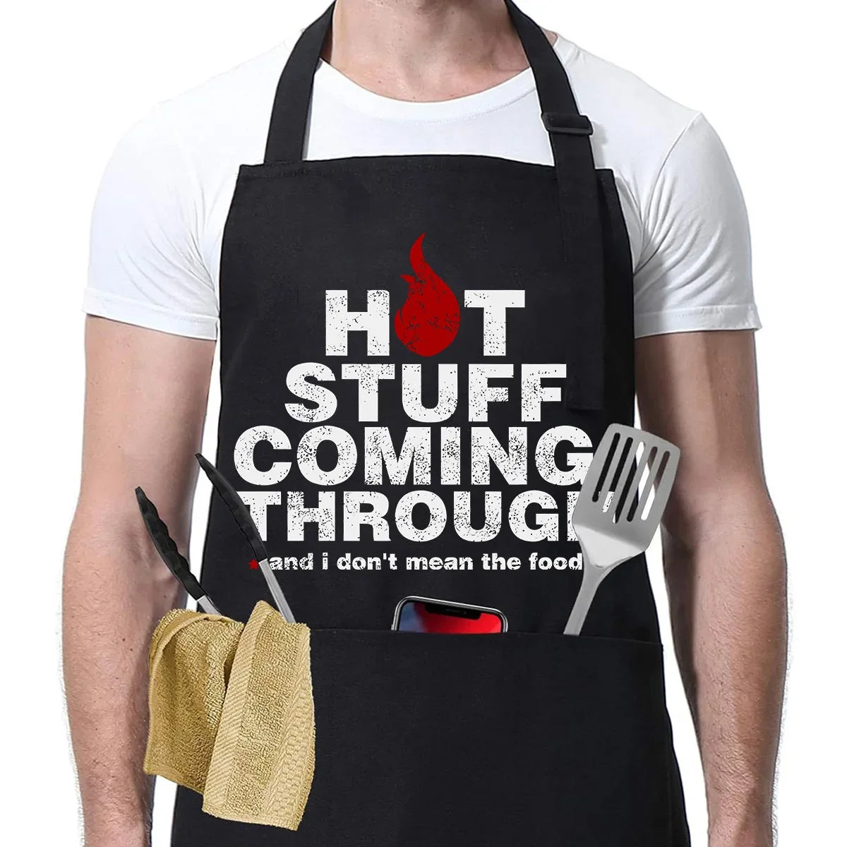 Hot Stuff Coming Through BBQ Apron with funny flame icon and warning text - adjustable waterproof grill apron with pockets