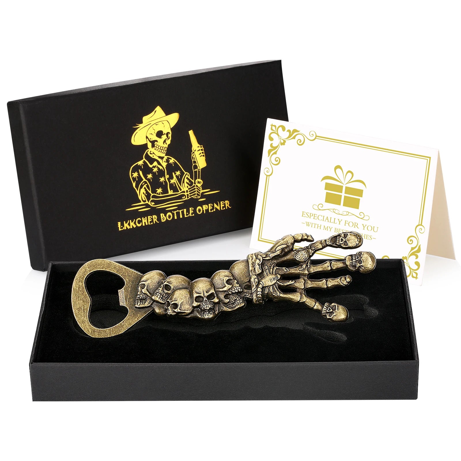 Skull Chain Bottle Opener Keychain in brass metal with linked skull design - unique EDC accessory - gold