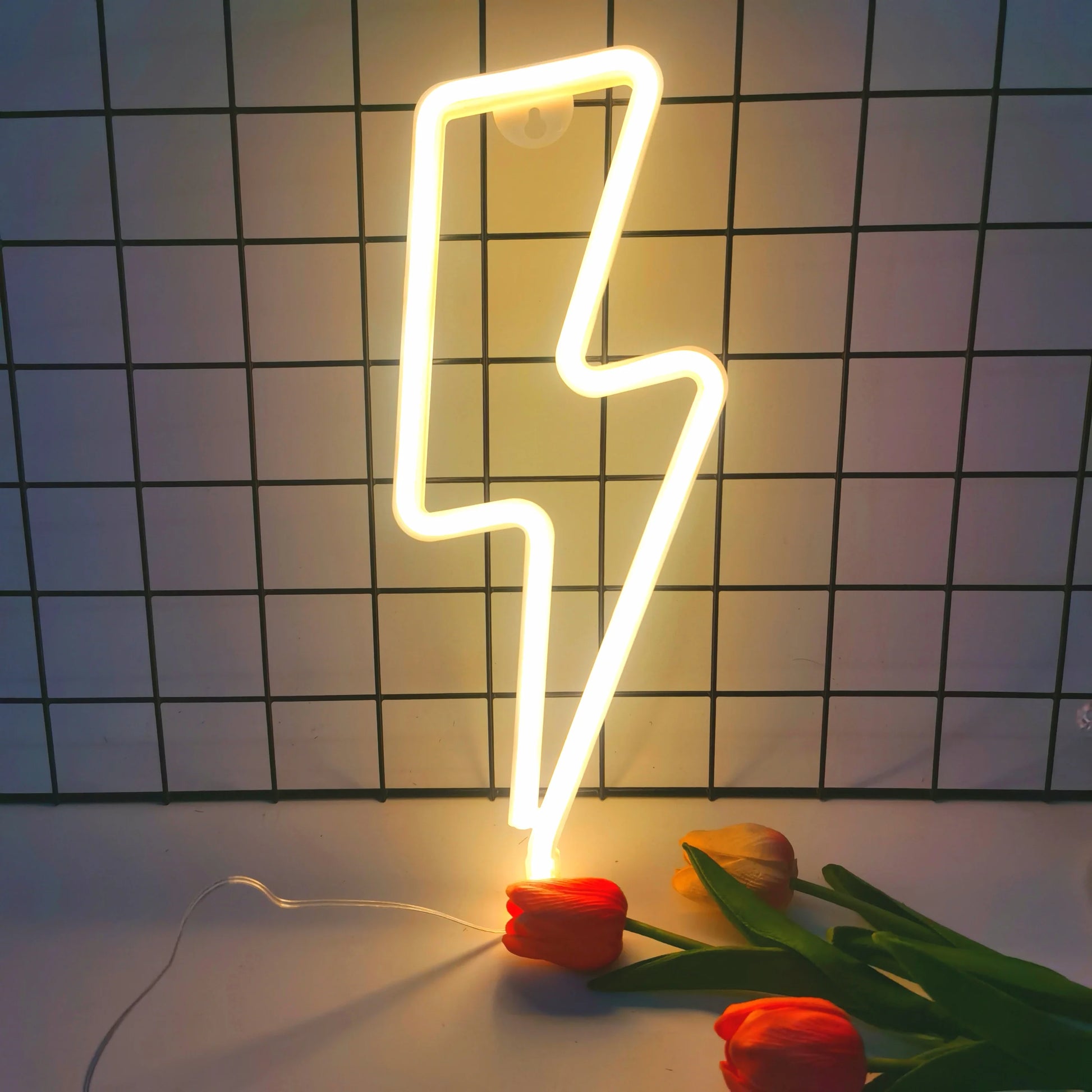 Lightning bolt LED neon light in yellow with table stand option