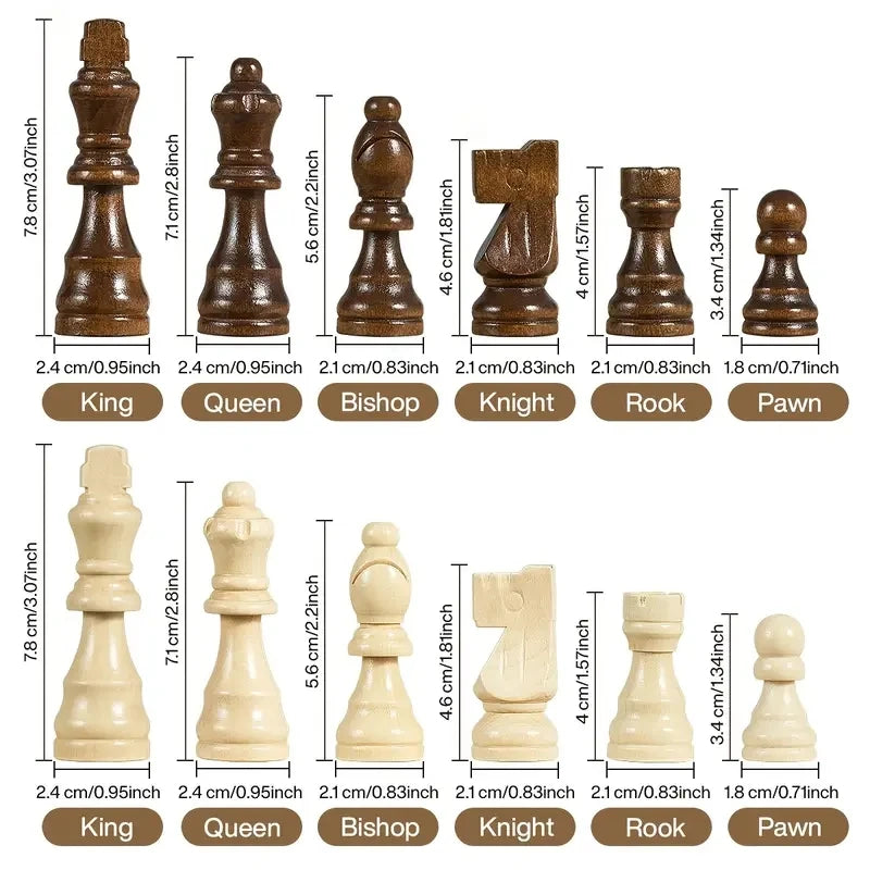 Magnetic Wooden Chess Set showing folding design, magnetic pieces and portable carrying case - chess piece dimensions