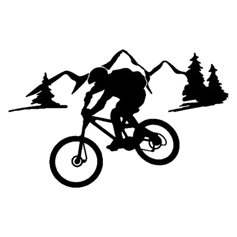 MTB downhill rider waterproof sticker featuring bold black and white silhouette of mountain biker with scenic mountain landscape backdrop