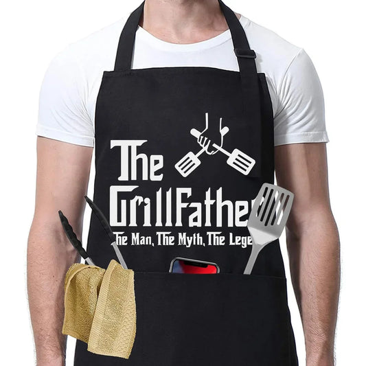 The Grillfather BBQ Apron with funny movie-inspired text and grilling tools - adjustable waterproof grill apron with pockets
