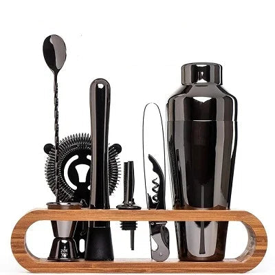 Luxury Cocktail Bar Set 10-Piece Mixology Kit with bamboo stand in gunmetal black finish - professional barware