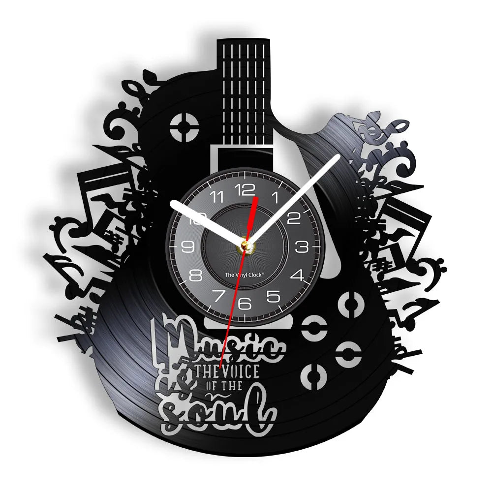 I'm a Soul guitar vinyl record wall clock featuring intricate laser-cut electric guitar design with I'm a Soul text, ornate decorative flourishes, musical notes, and flowing swirls on black vinyl record