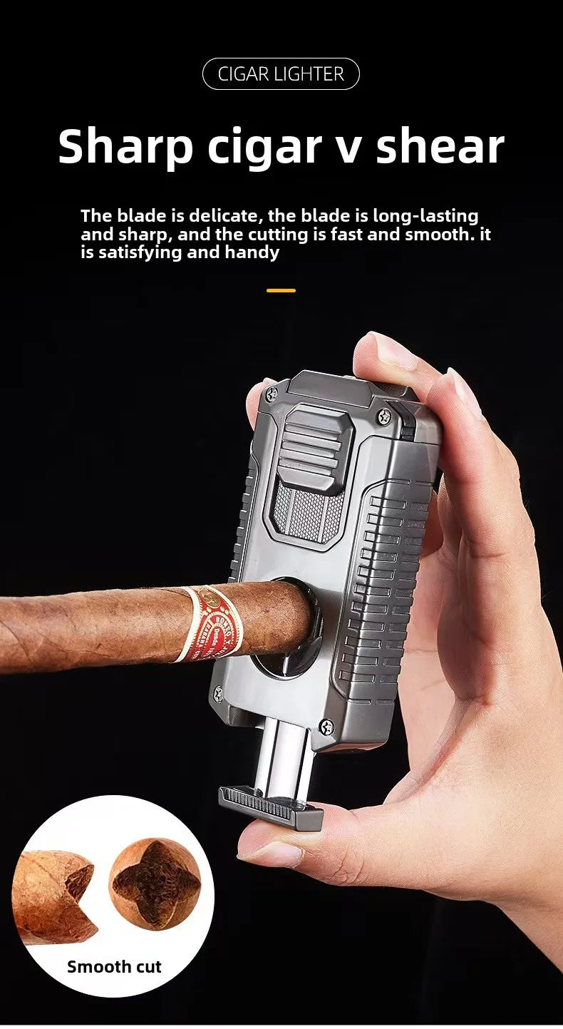 Deluxe Triple-Flame Cigar Lighter with Cutter & Holder