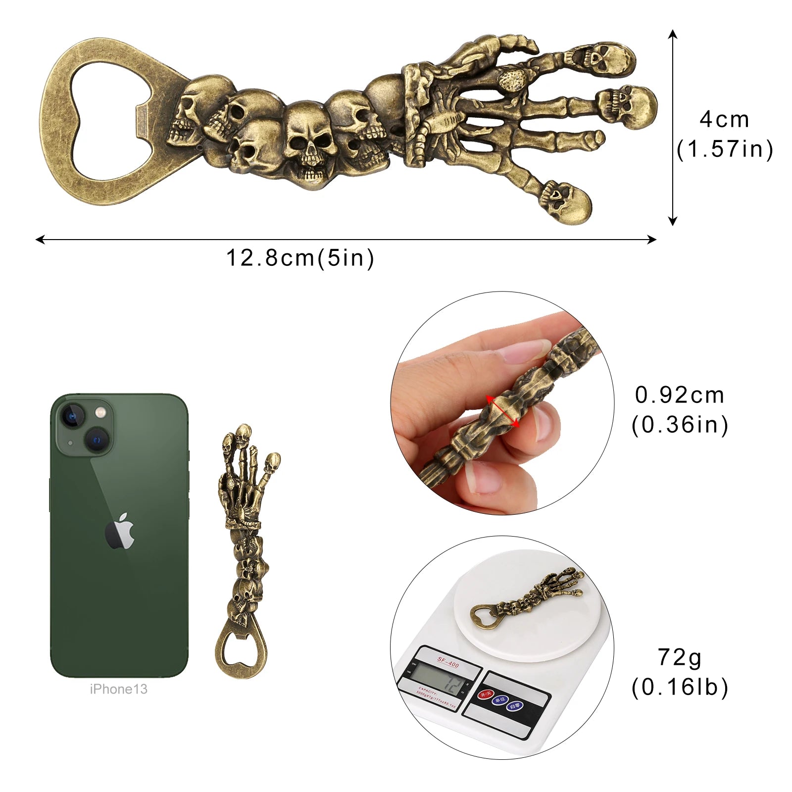 Skull Chain Bottle Opener Keychain in brass metal with linked skull design - unique EDC accessory - dimensions