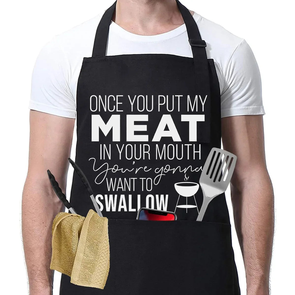 Once You Put My Meat in Your Mouth BBQ Apron with funny bold text and grilling graphics - adjustable waterproof grill apron