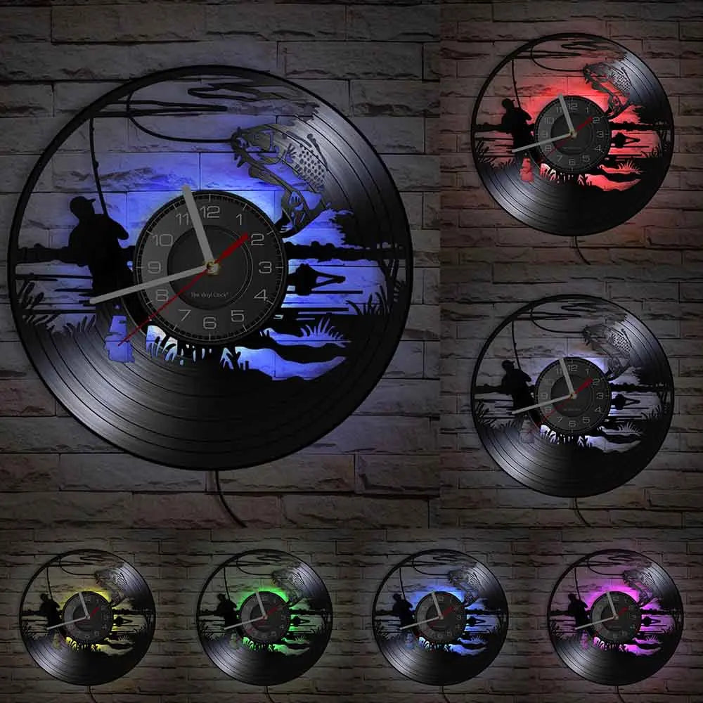 Fishing vinyl record clock LED color options display showing multiple backlighting choices