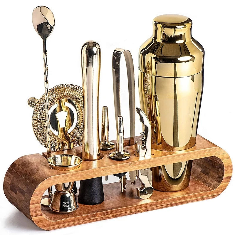 Luxury Cocktail Bar Set 10-Piece Mixology Kit with bamboo stand in gold plated finish - premium bartender tools