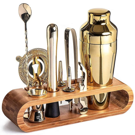 Luxury Cocktail Bar Set 10-Piece Mixology Kit with bamboo stand in gold plated finish - premium bartender tools