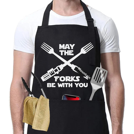 May the Forks Be With You BBQ Apron with Star Wars style crossed forks - adjustable waterproof grill apron with pockets