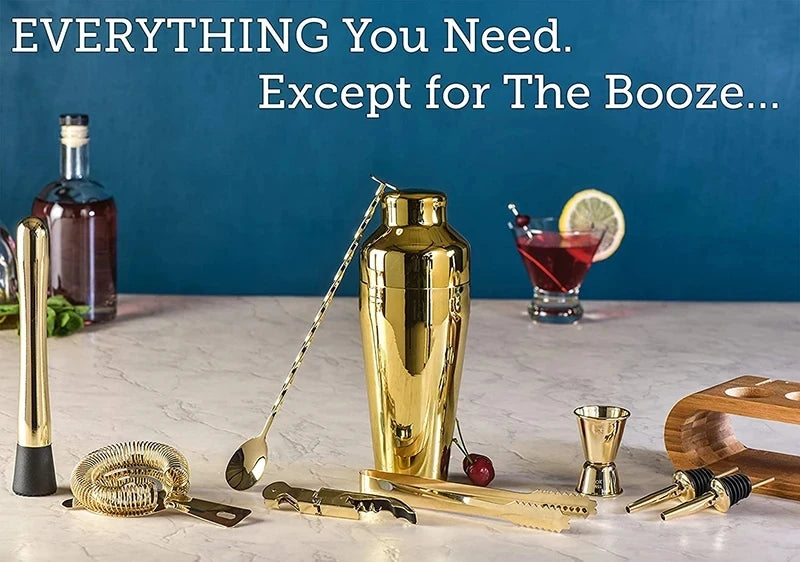 Luxury Cocktail Bar Set 10-Piece Mixology Kit with bamboo stand in gold plated finish - premium bartender tools on bench
