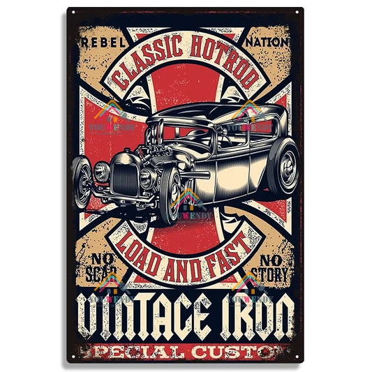 Classic Hot Rod Vintage Iron retro metal tin sign featuring hot rod engine illustration with distressed vintage styling on weathered background