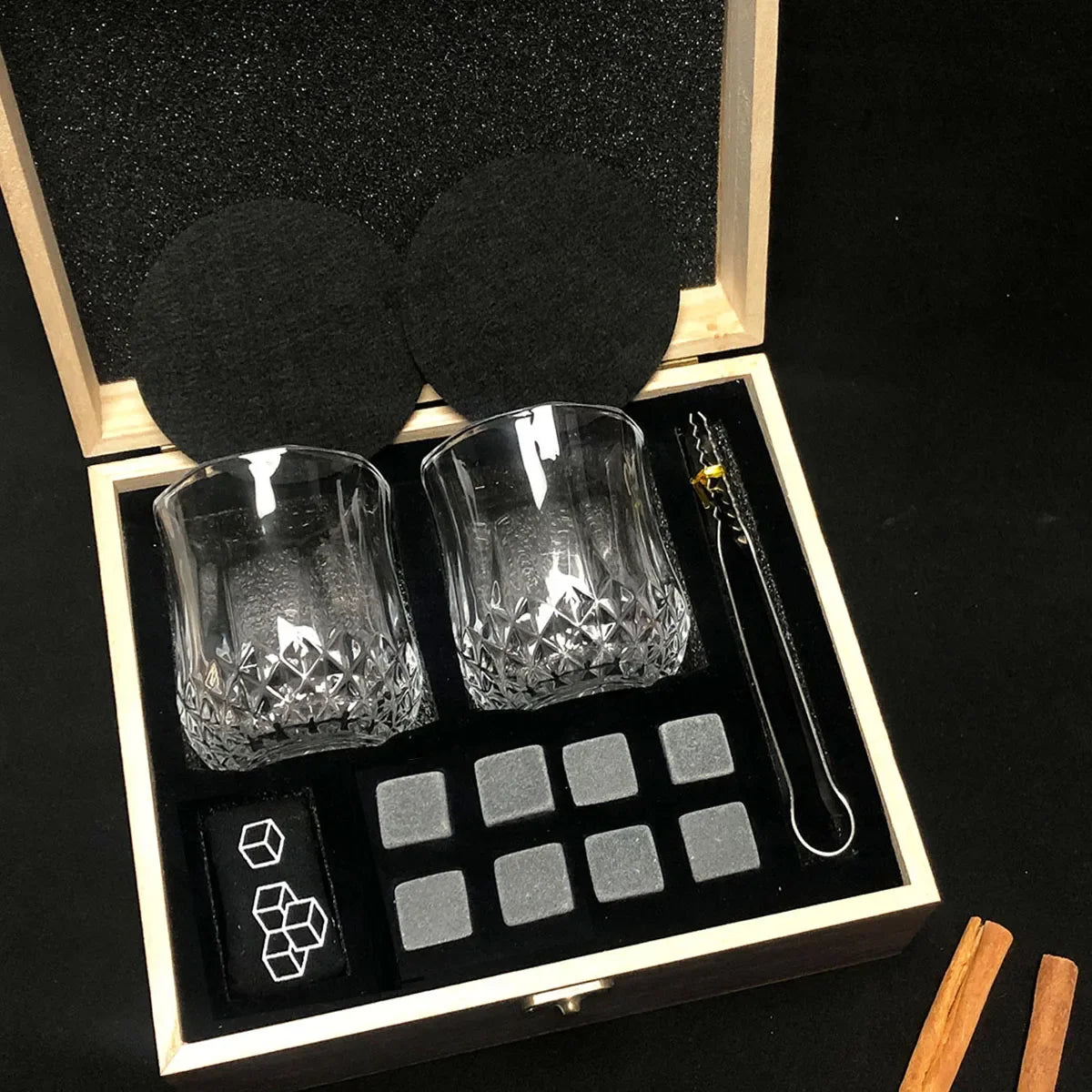 Whiskey Stones Gift Set with Glasses including granite chilling cubes and whiskey glasses in wooden box - complete premium bar set