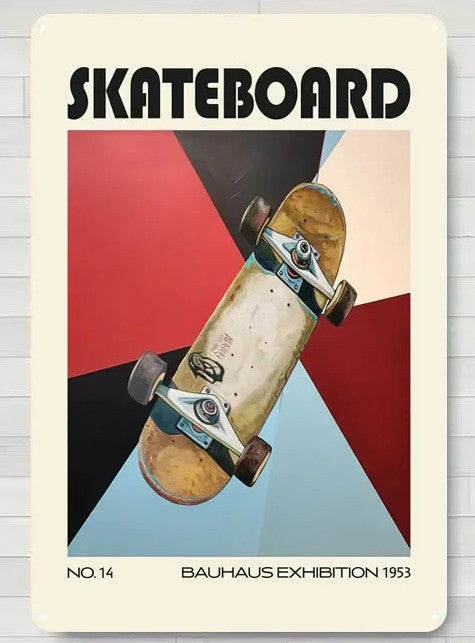 Skateboard Bauhaus retro poster featuring bold geometric design with red and black shapes, skateboard and rider in vintage modernist style